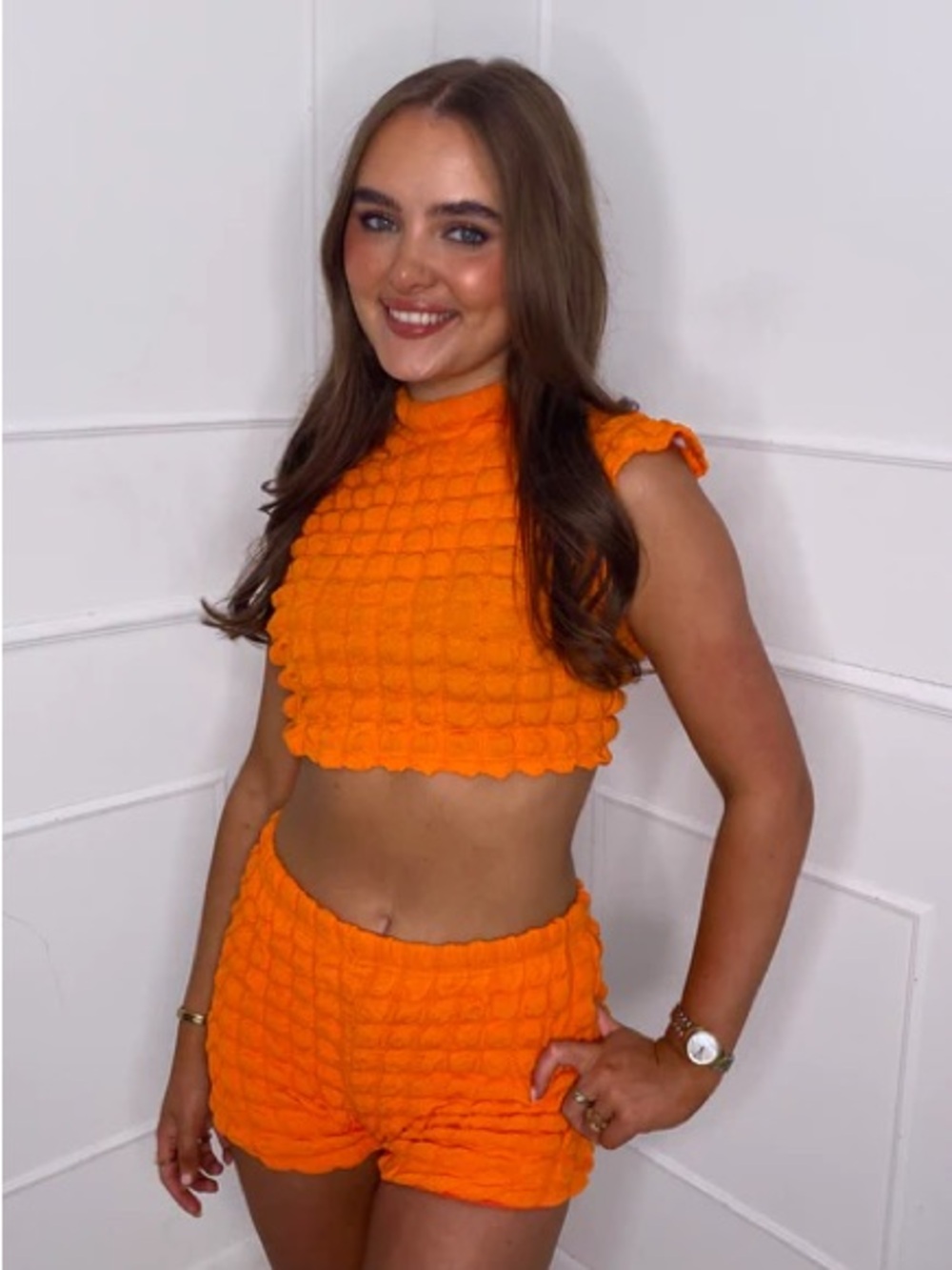 Orange Textured Crop Top & Short Set -